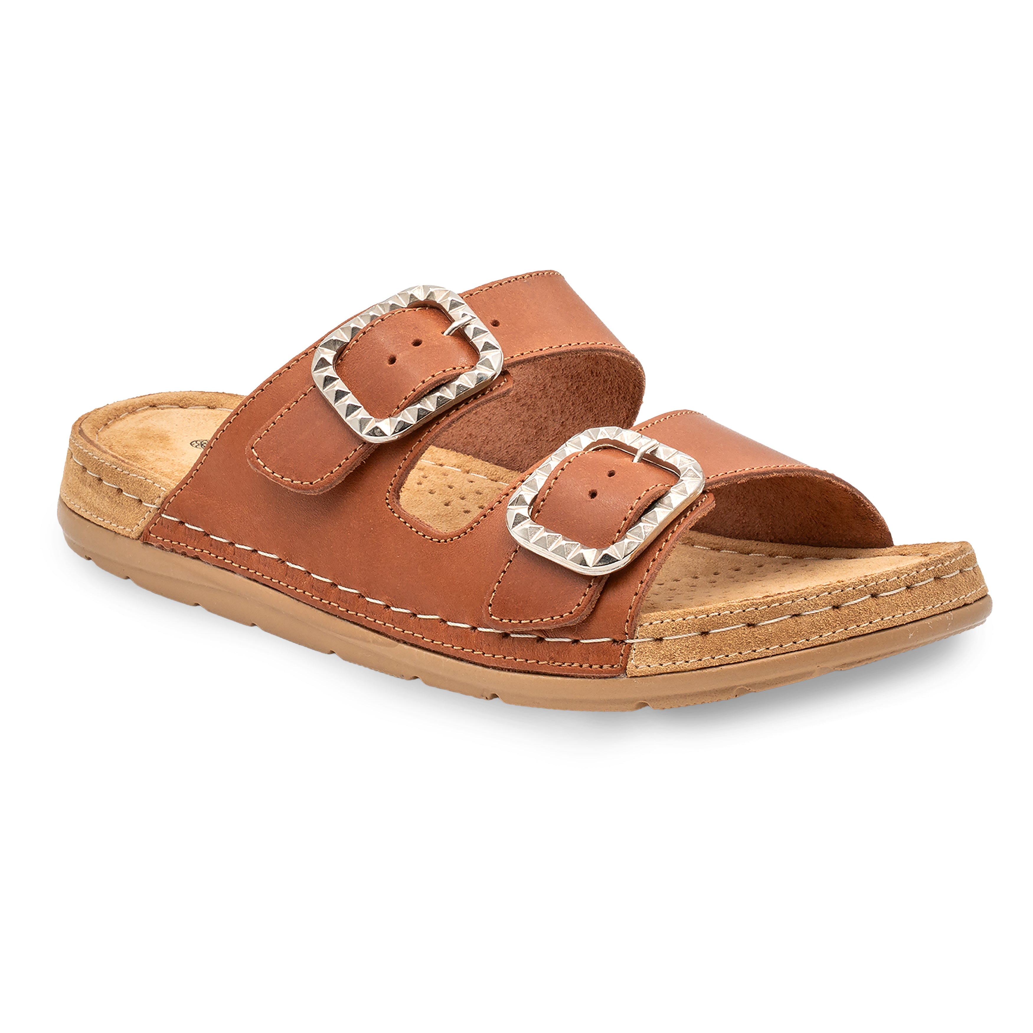STUDDED DOUBLE-BUCKLE SANDAL TAN