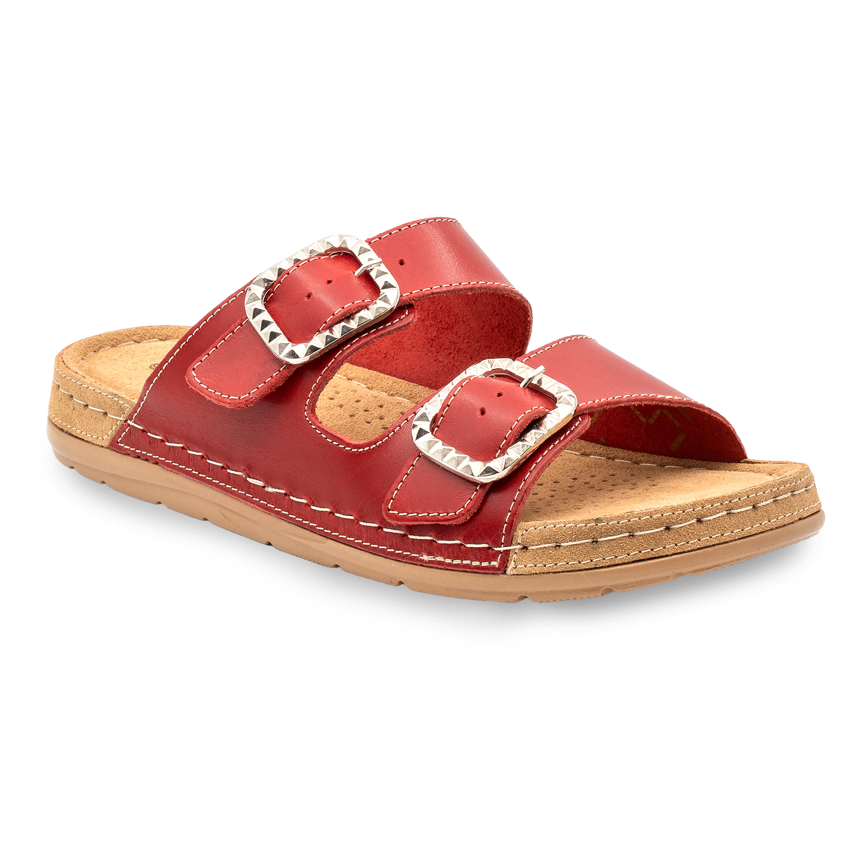 STUDDED DOUBLE-BUCKLE SANDAL RED