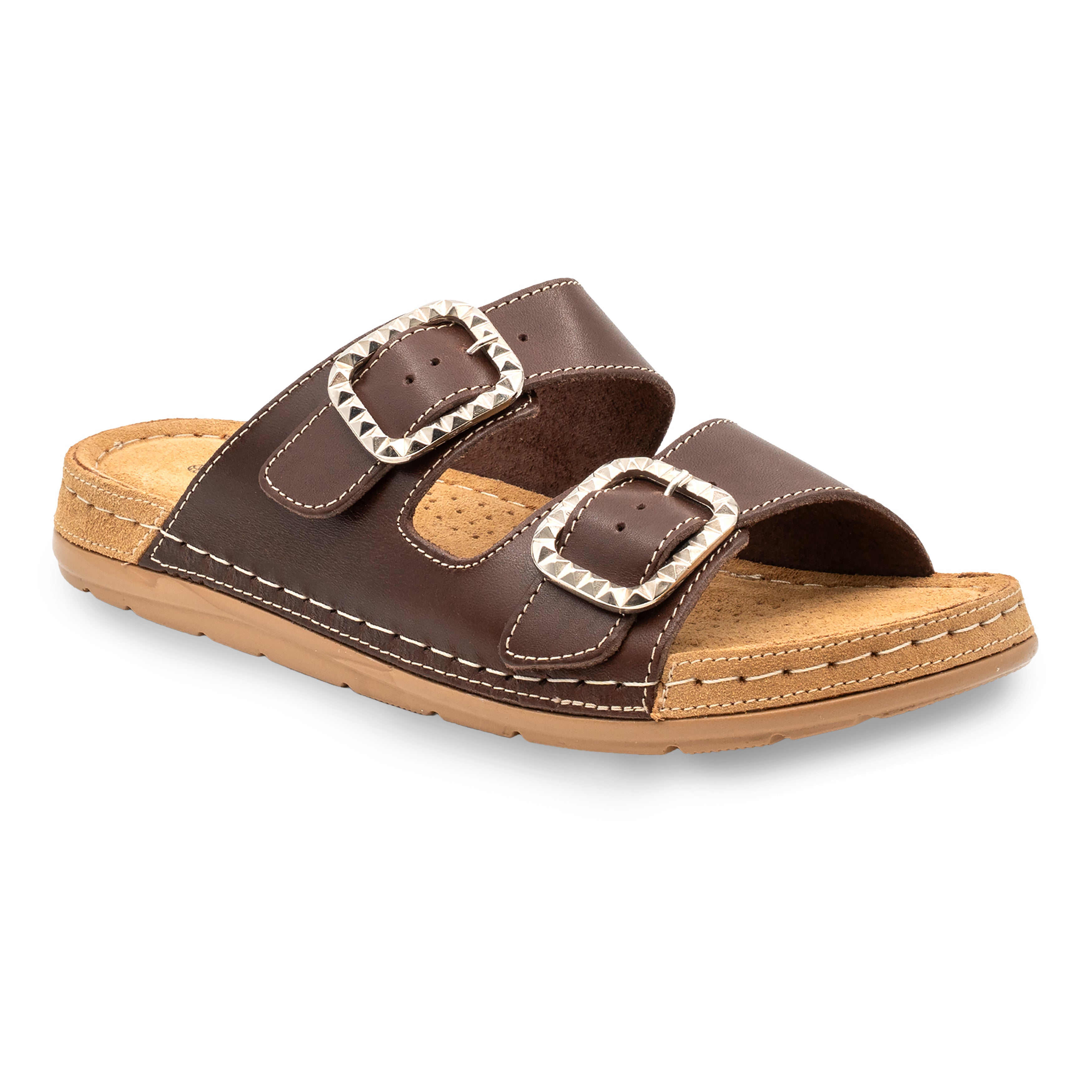STUDDED DOUBLE-BUCKLE SANDAL BROWN