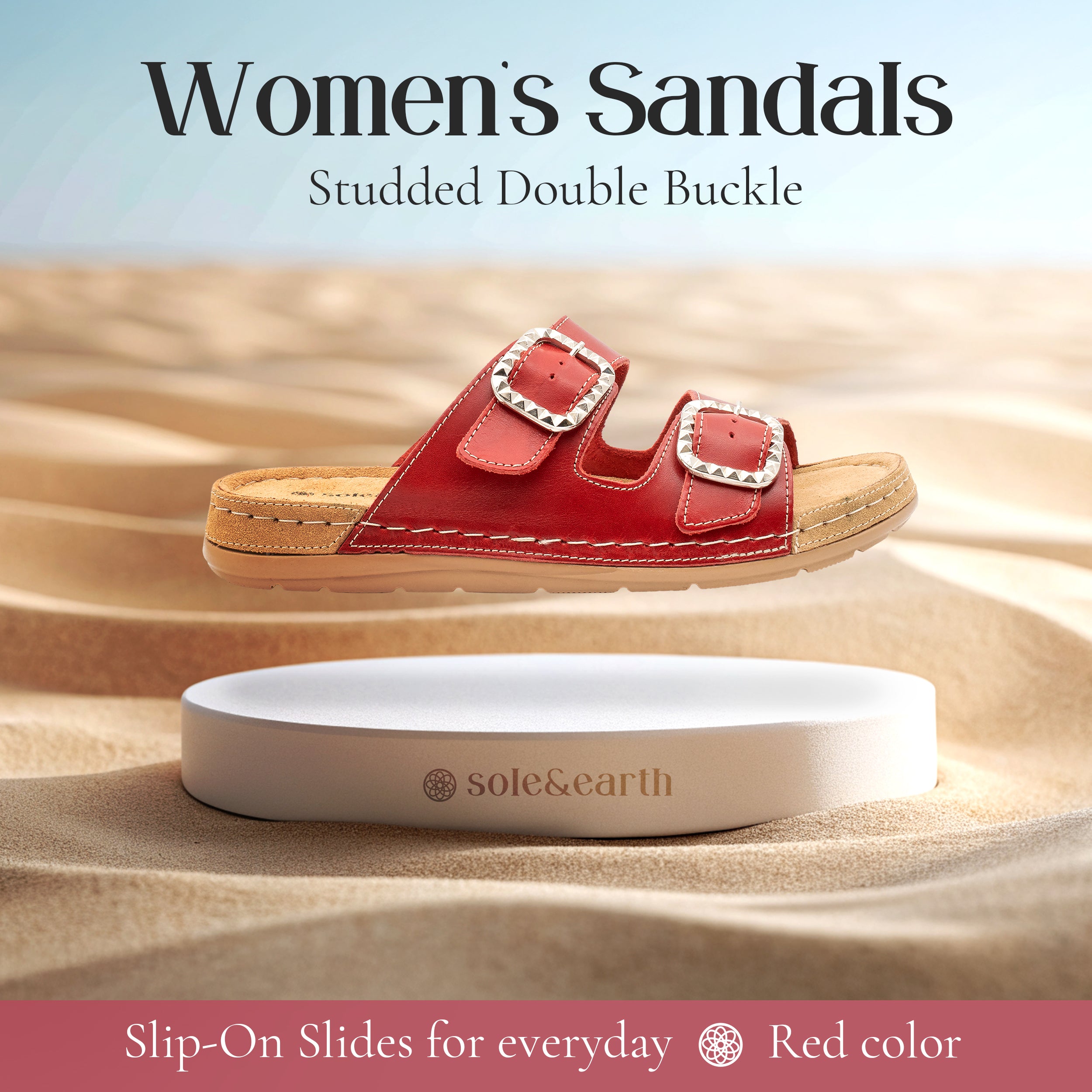 STUDDED DOUBLE-BUCKLE SANDAL RED