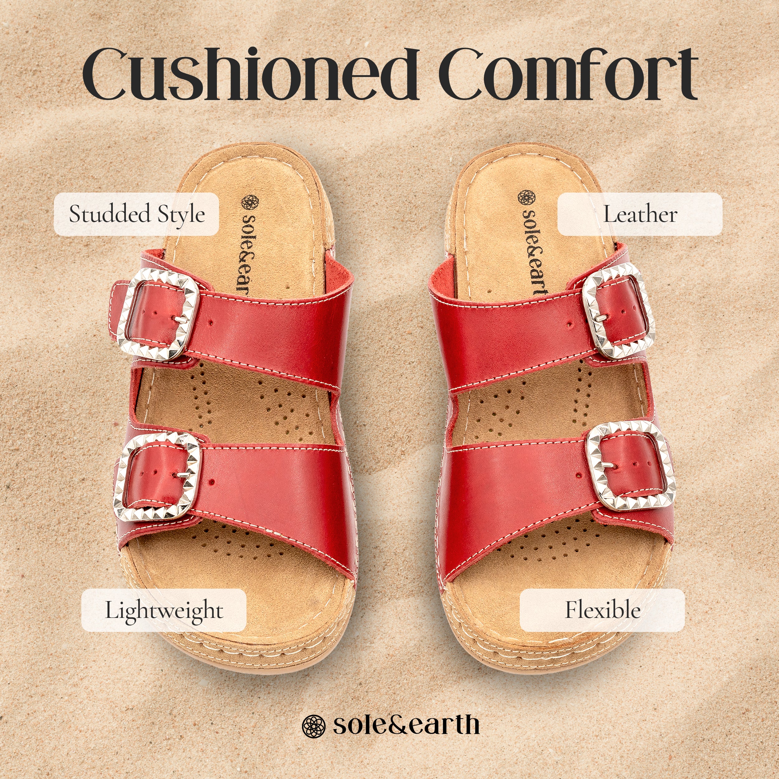 STUDDED DOUBLE-BUCKLE SANDAL RED
