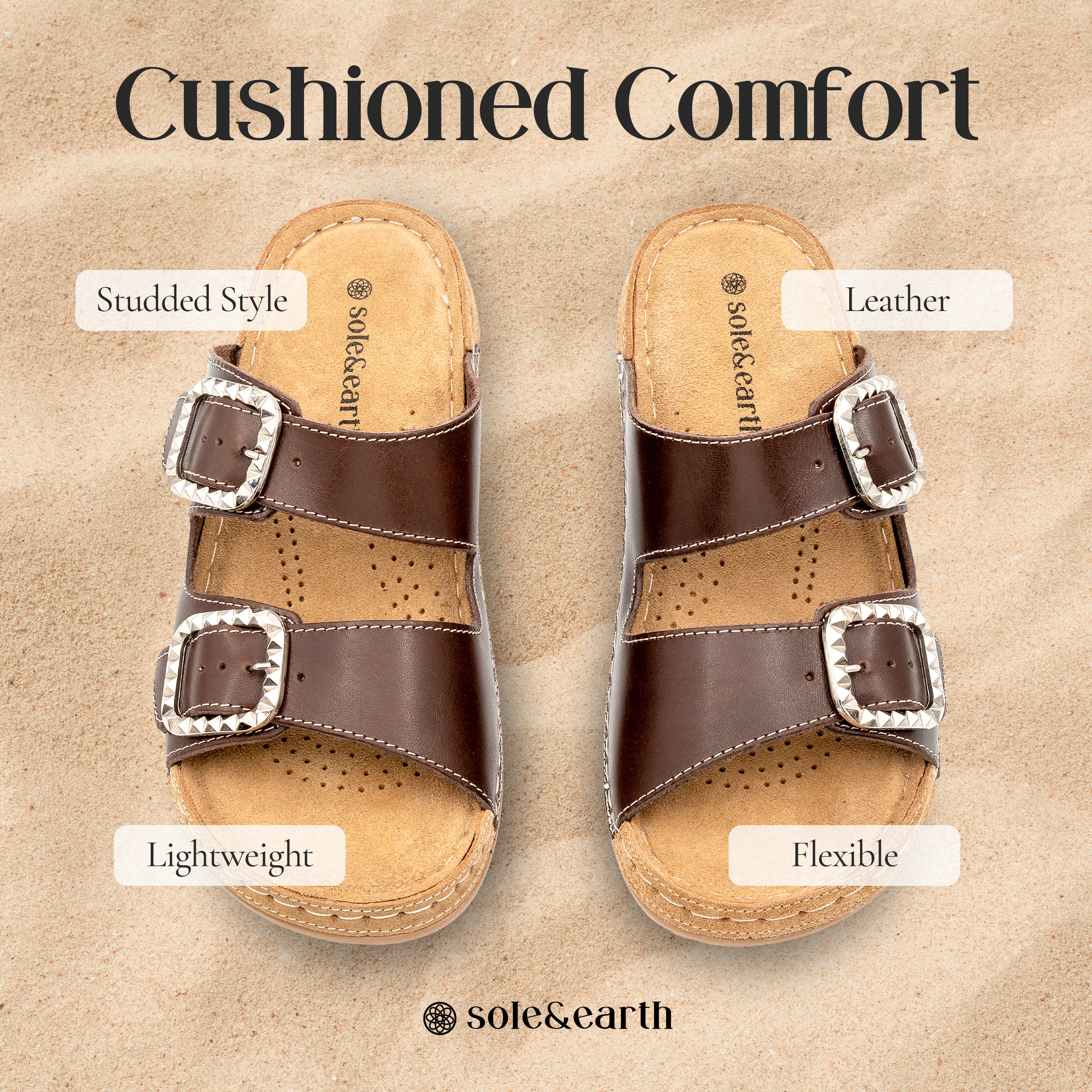 STUDDED DOUBLE-BUCKLE SANDAL BROWN