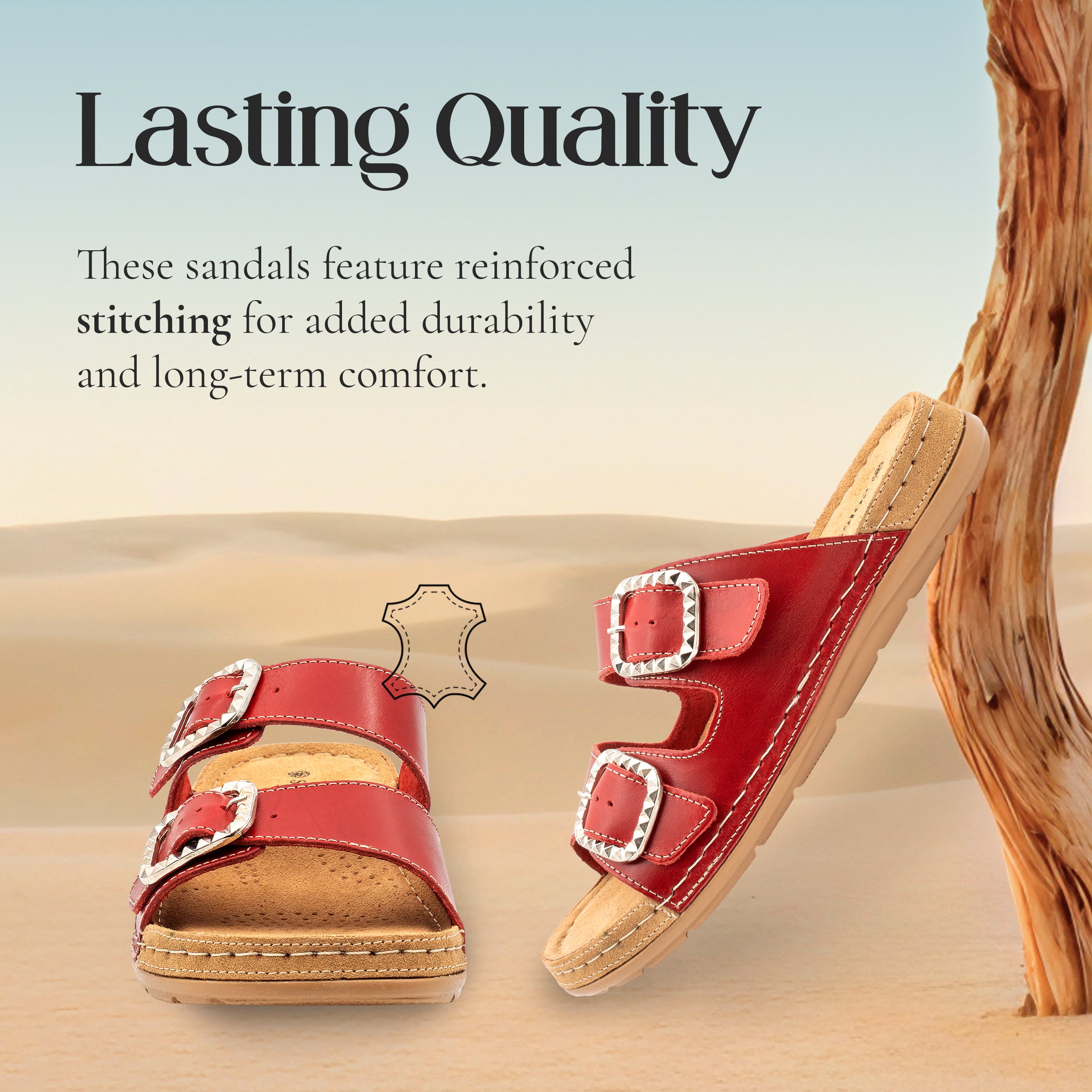 STUDDED DOUBLE-BUCKLE SANDAL RED
